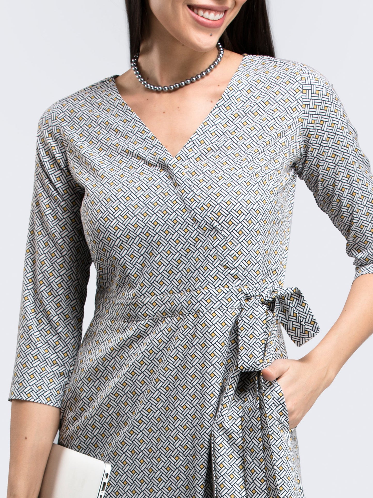 Geometric Print Faux Wrap Dress - Black and White