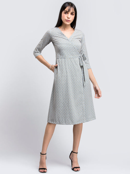 Geometric Print Faux Wrap Dress - Black and White