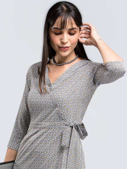 Geometric Print Faux Wrap Dress - Black and White