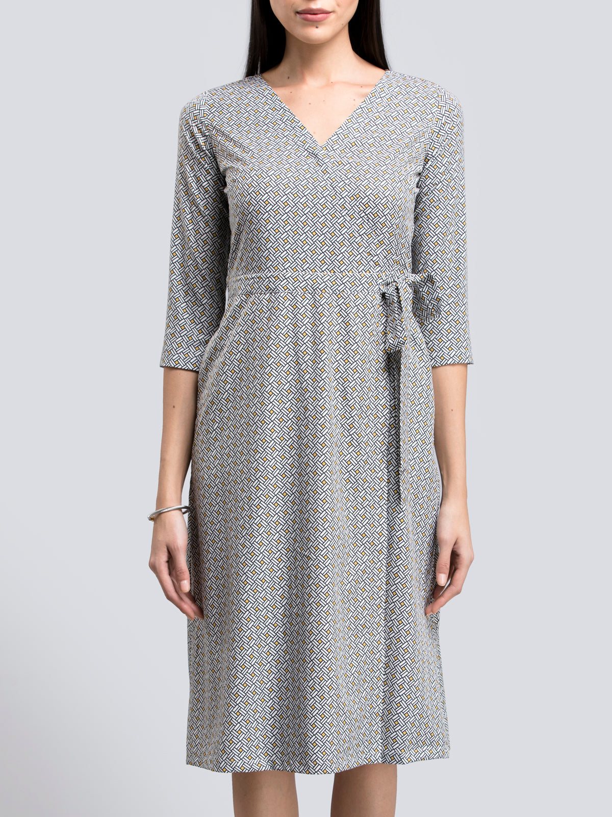 Geometric Print Faux Wrap Dress - Black and White