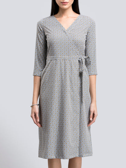 Geometric Print Faux Wrap Dress - Black and White