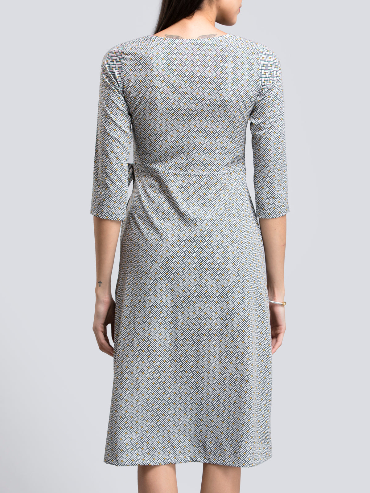 Geometric Print Faux Wrap Dress - Black and White