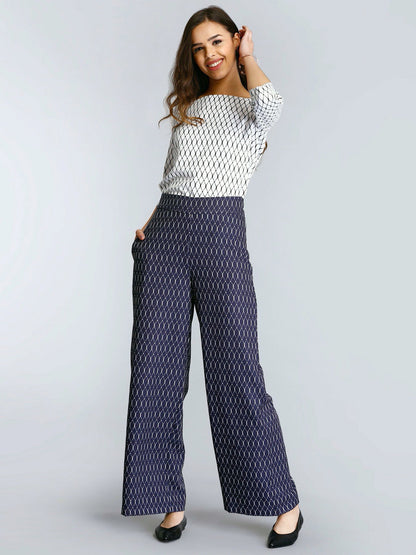 Geometric Print Wide Leg Pants - Black and White