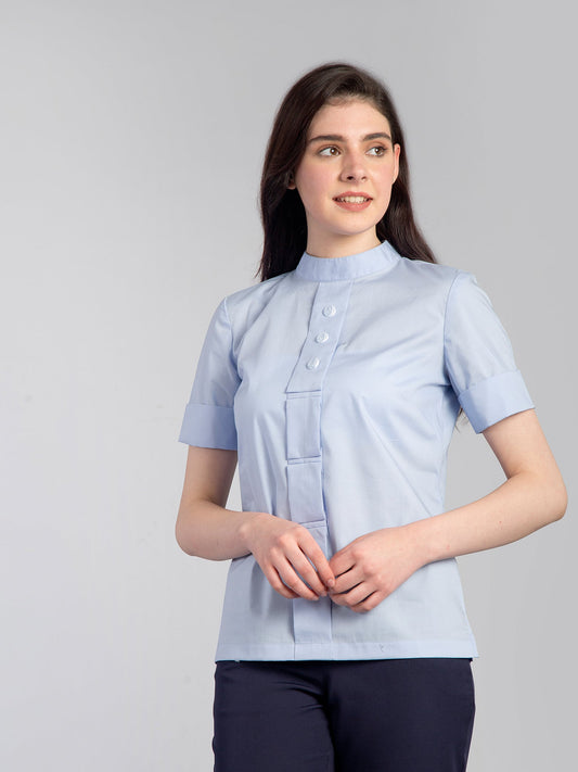 High Neck Fold Detail Top - Blue