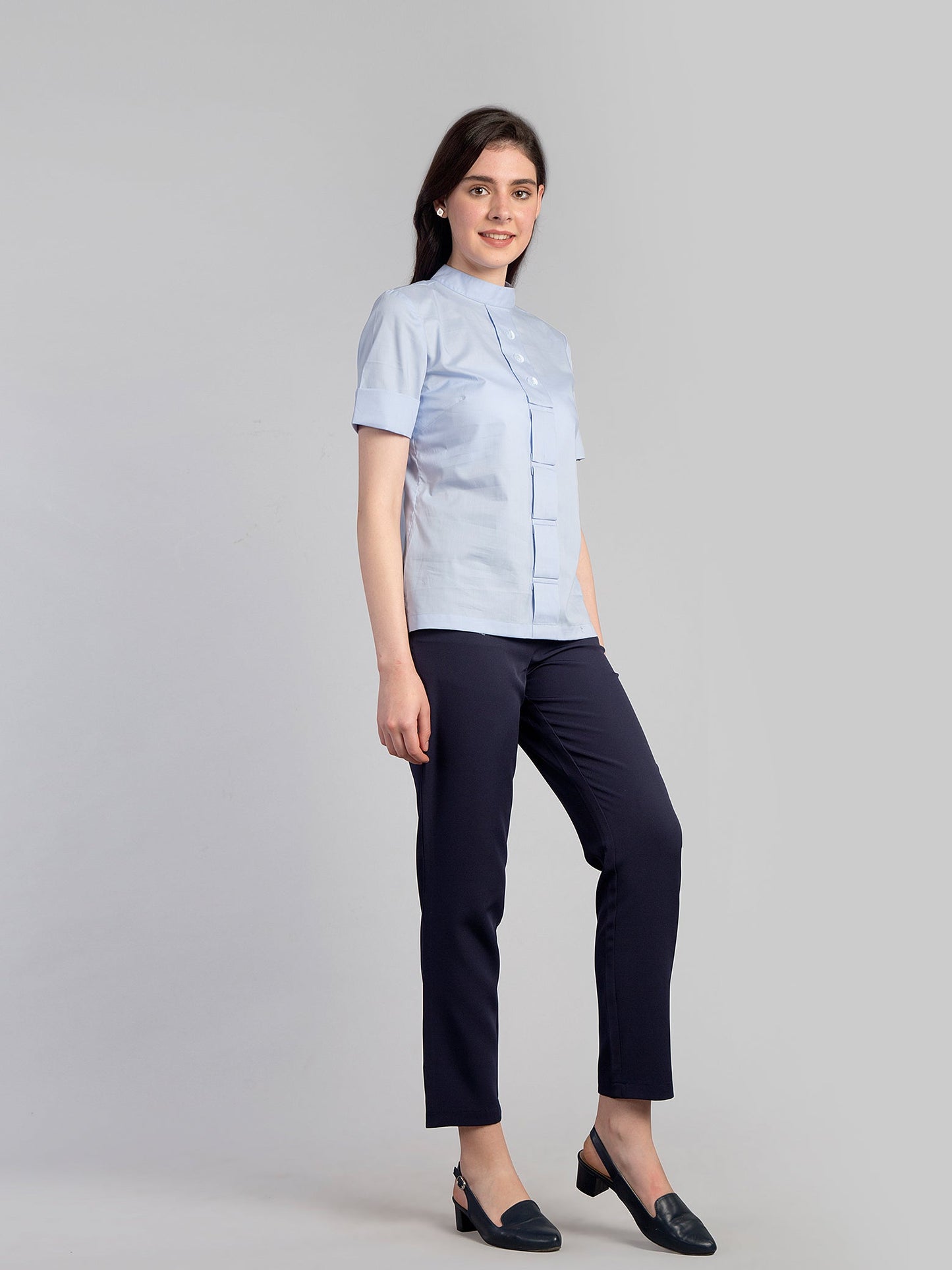 High Neck Fold Detail Top - Blue