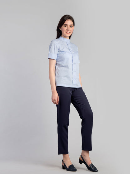 High Neck Fold Detail Top - Blue