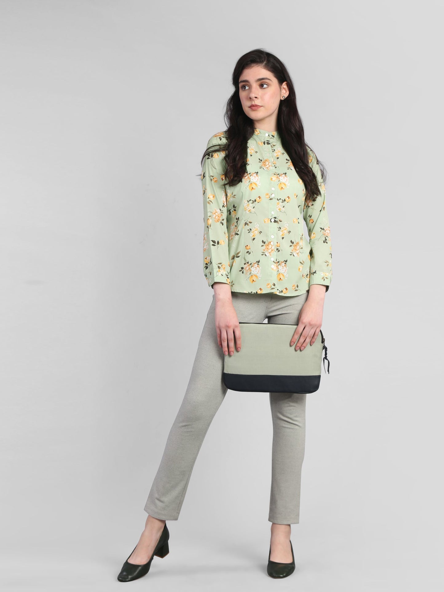 Mandarin Collar Floral Shirt - Green