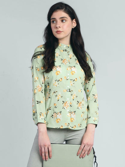 Mandarin Collar Floral Shirt - Green