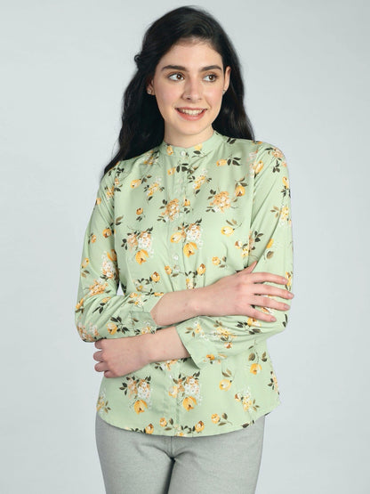 Mandarin Collar Floral Shirt - Green