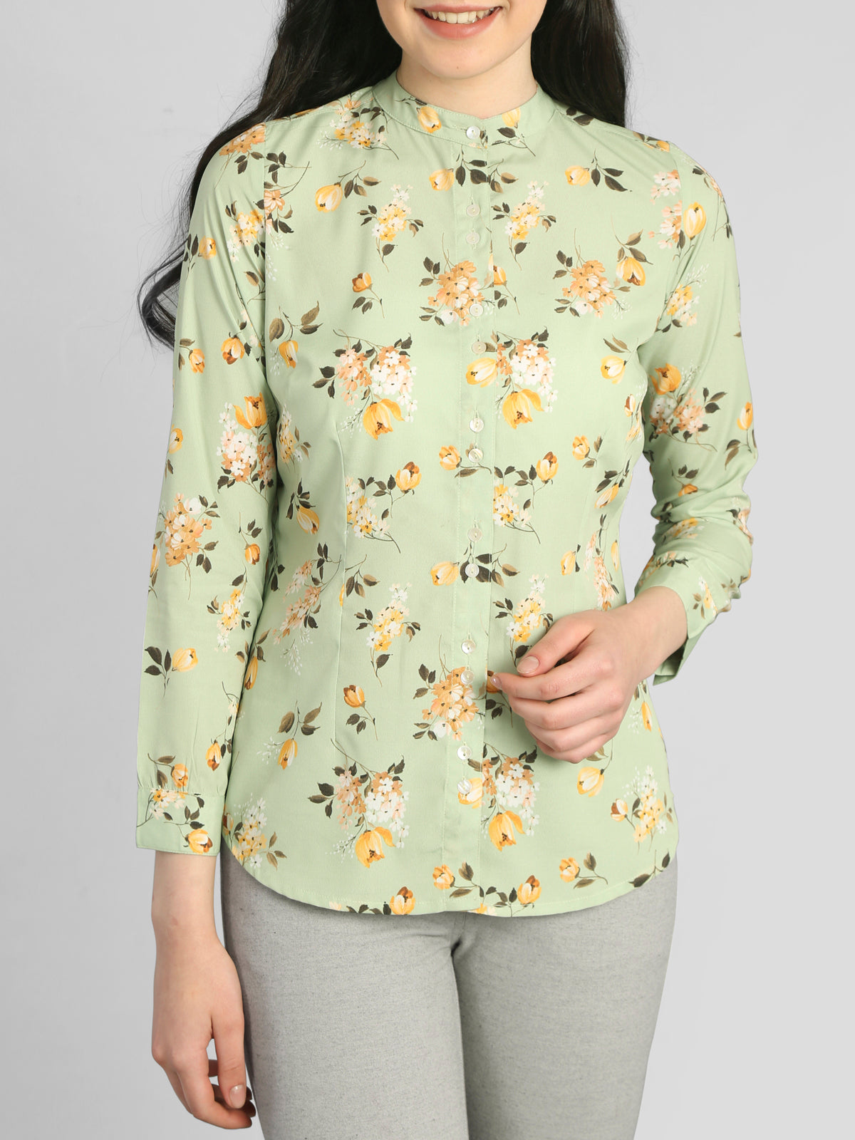 Mandarin Collar Floral Shirt - Green