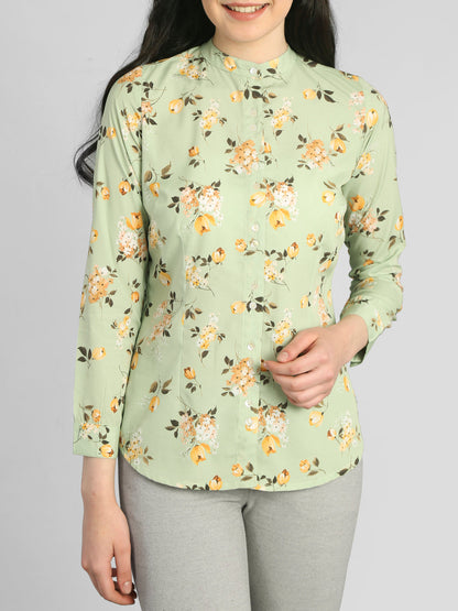 Mandarin Collar Floral Shirt - Green