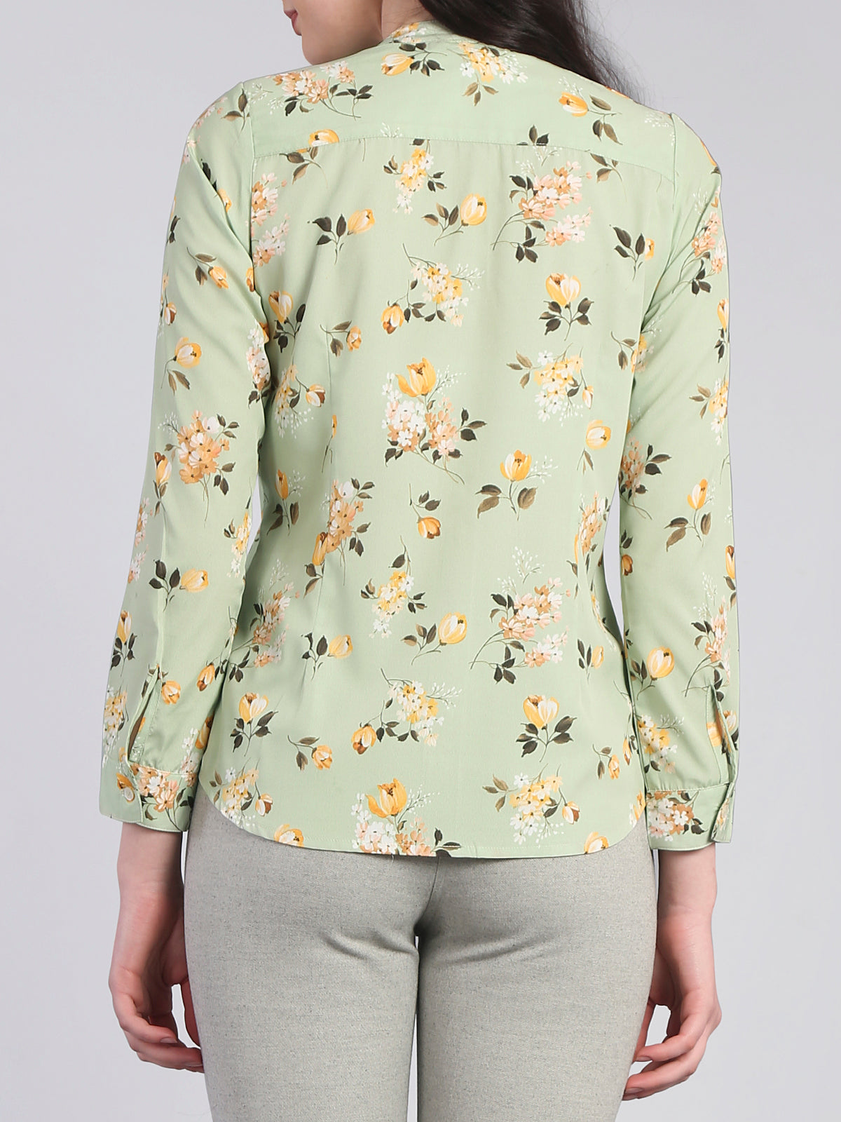 Mandarin Collar Floral Shirt - Green