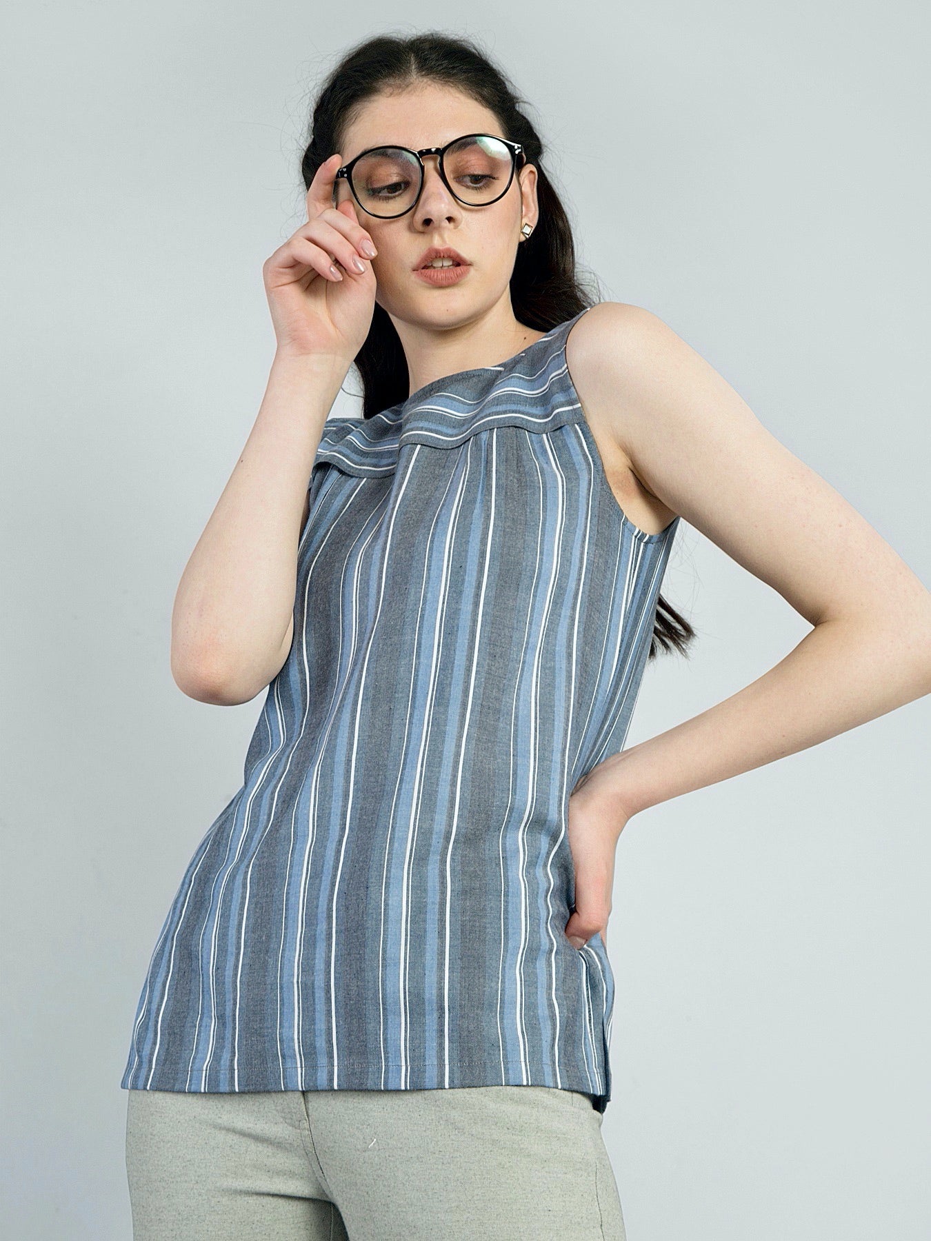 Round Neck Striped Top - Blue