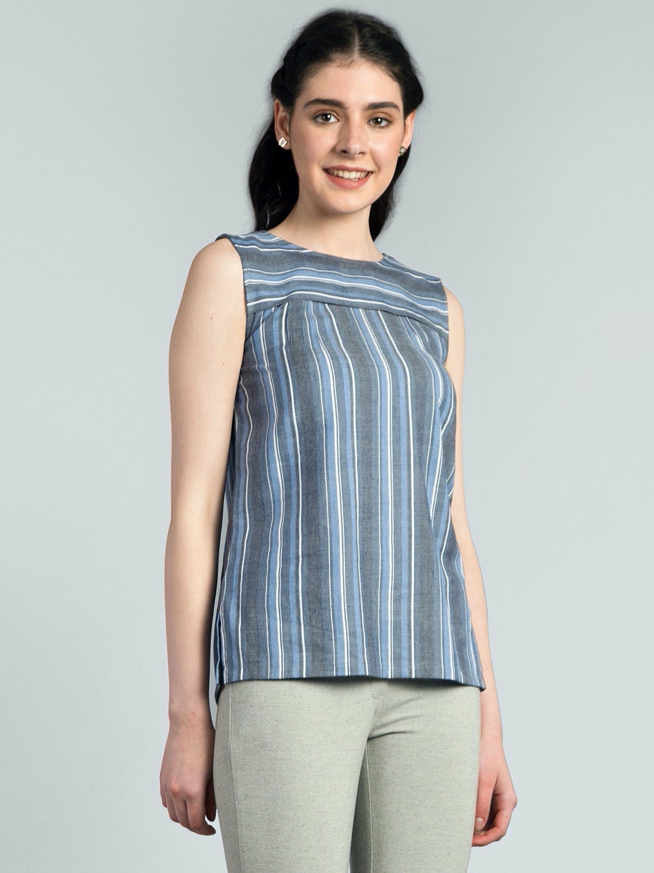 Round Neck Striped Top - Blue