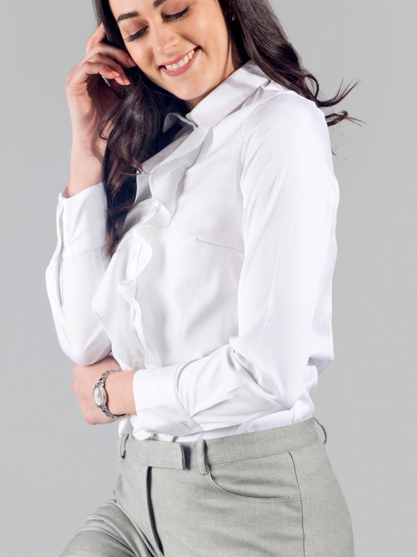 Club Collar Ruffle Placket Shirt - White