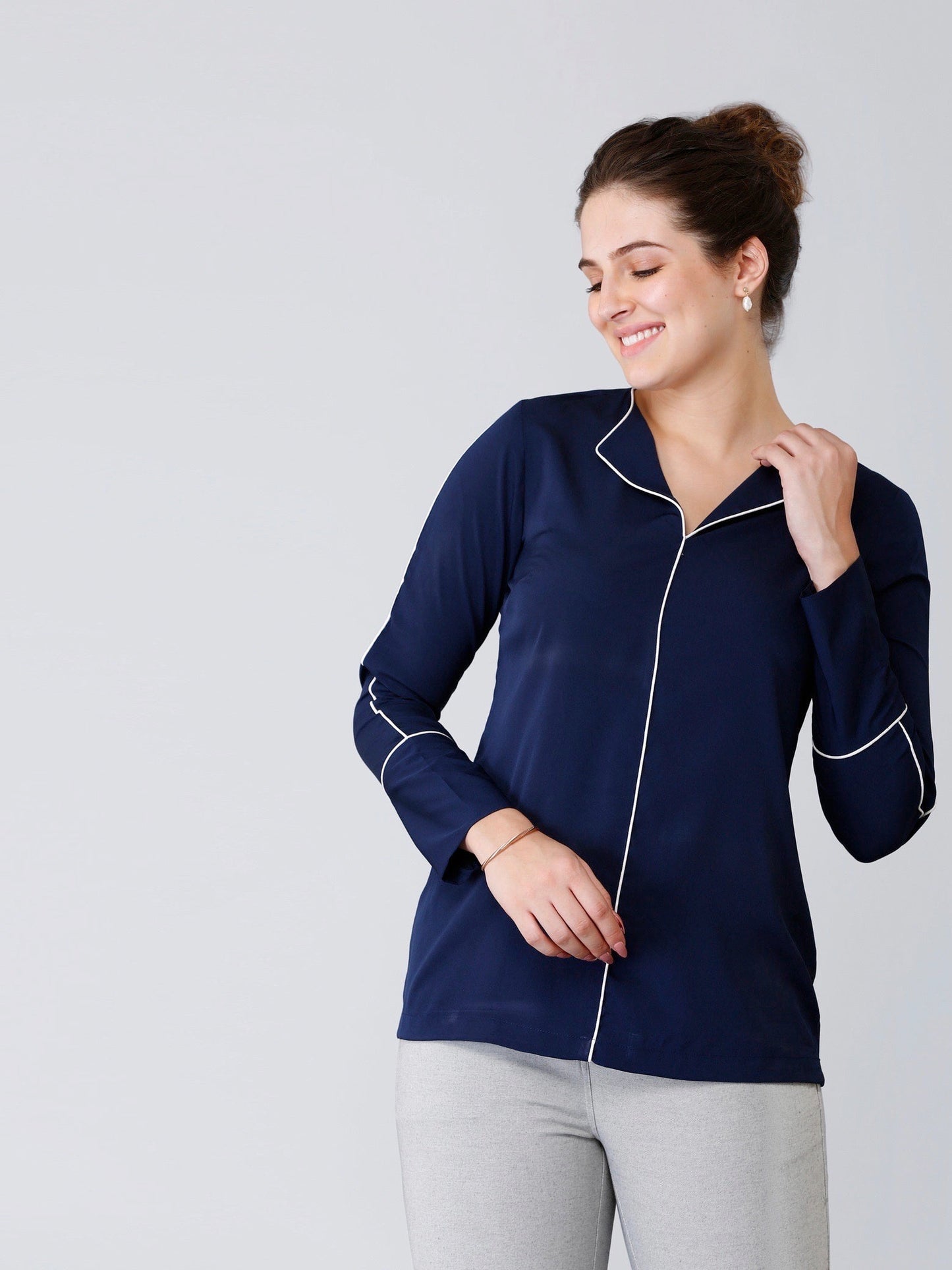 Stylised Neck Full Sleeves Piping Detail Top - Navy