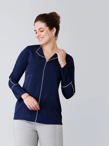 Stylised Neck Full Sleeves Piping Detail Top - Navy