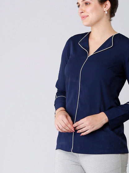 Stylised Neck Full Sleeves Piping Detail Top - Navy