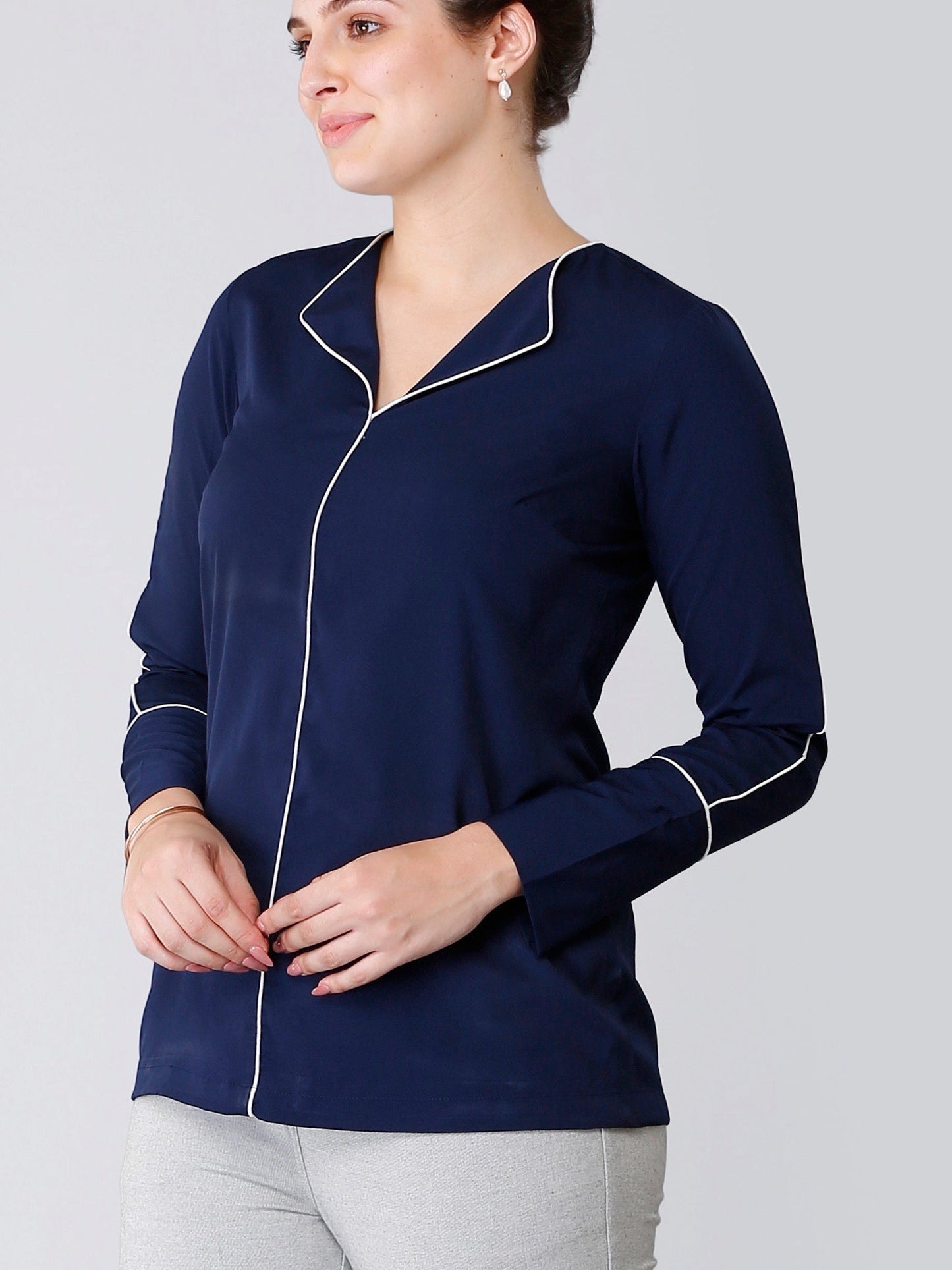 Stylised Neck Full Sleeves Piping Detail Top - Navy