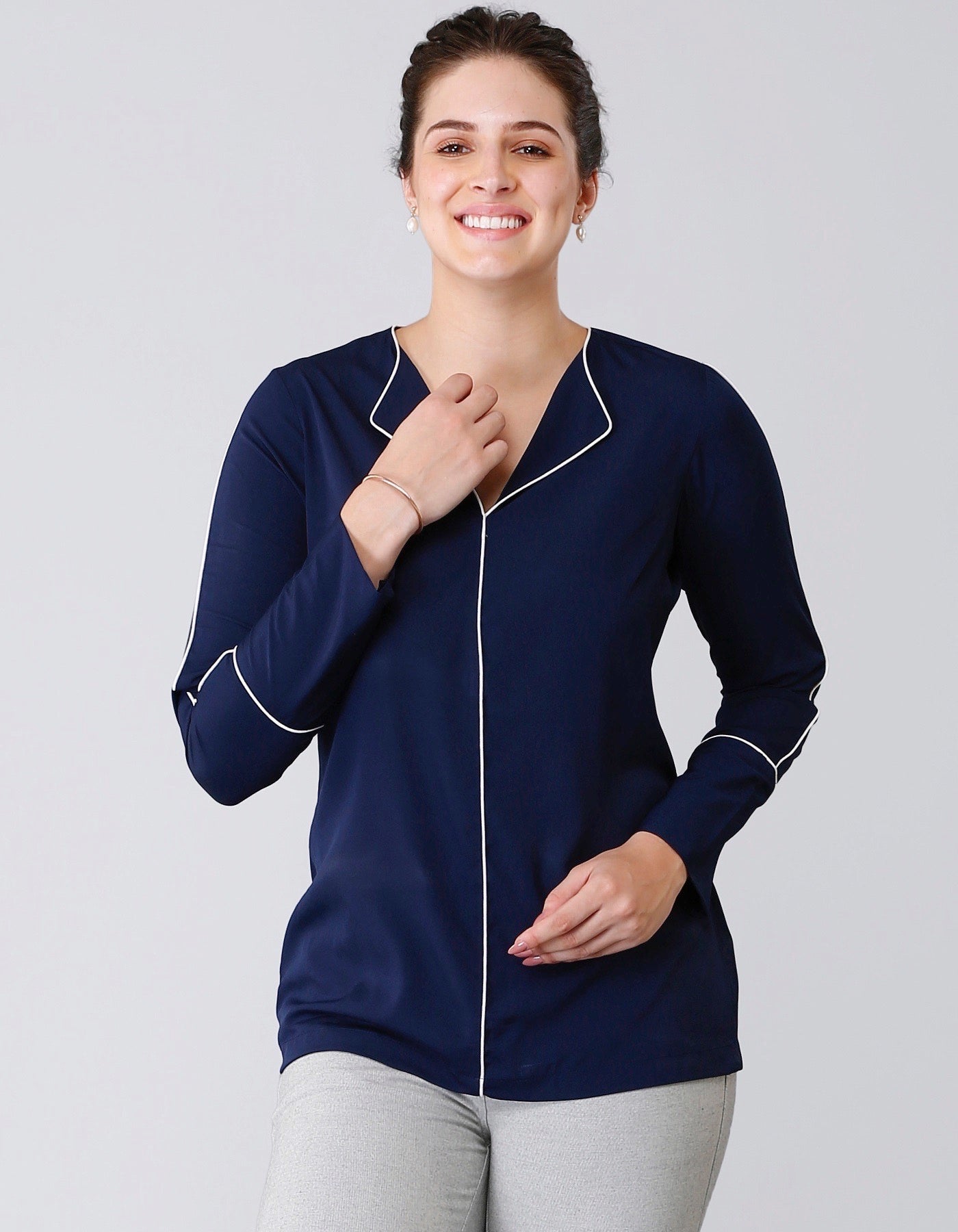 Stylised Neck Full Sleeves Piping Detail Top - Navy