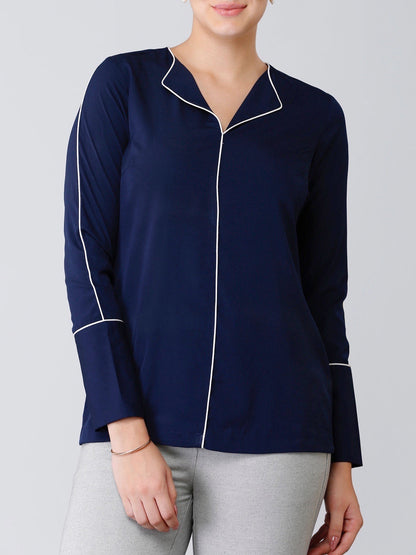 Stylised Neck Full Sleeves Piping Detail Top - Navy