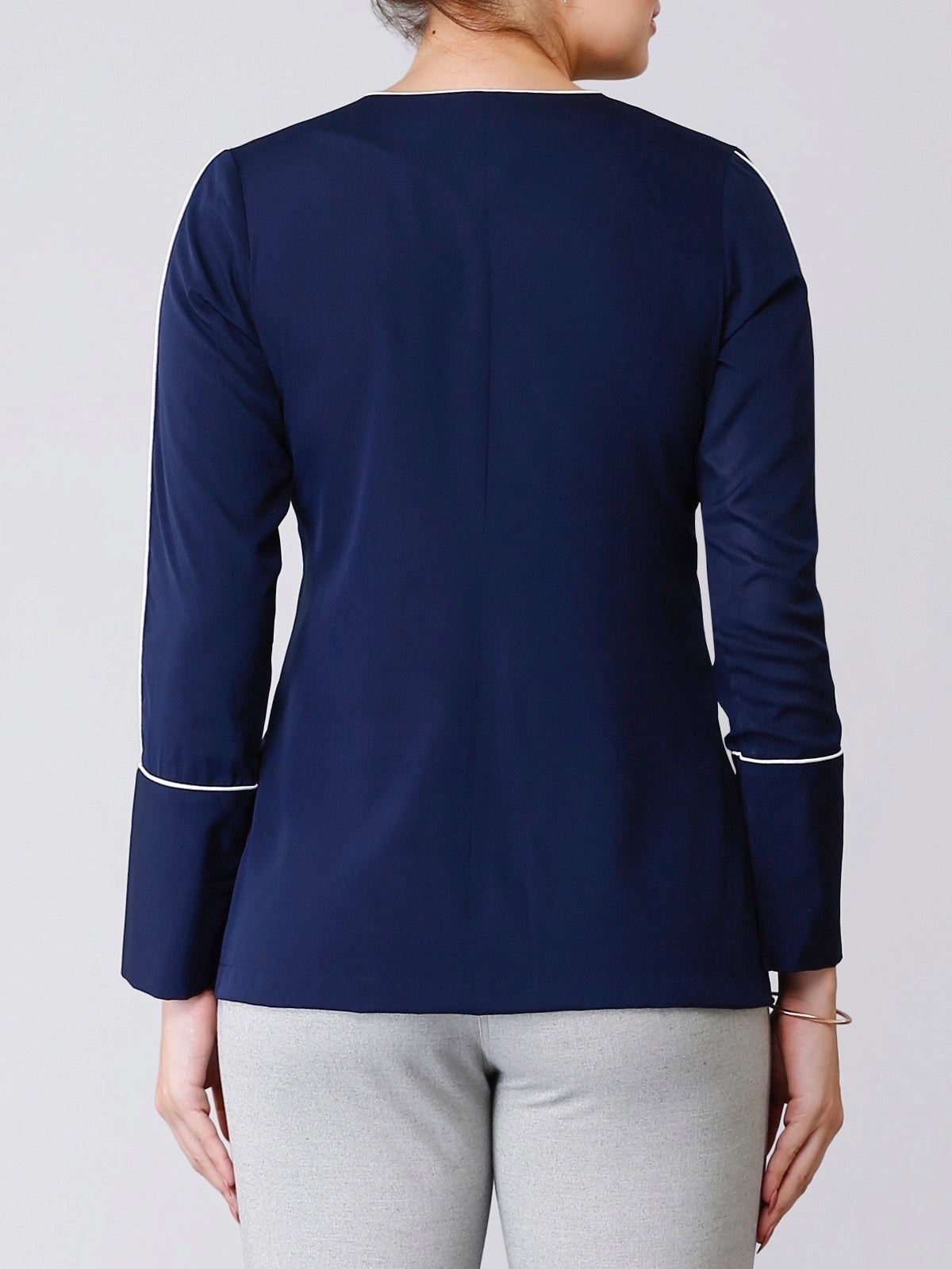 Stylised Neck Full Sleeves Piping Detail Top - Navy