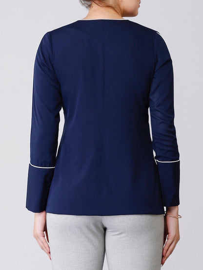 Stylised Neck Full Sleeves Piping Detail Top - Navy