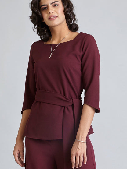 Wide Neck Quarter Sleeve Top - Maroon