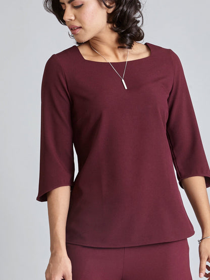 Wide Neck Quarter Sleeve Top - Maroon