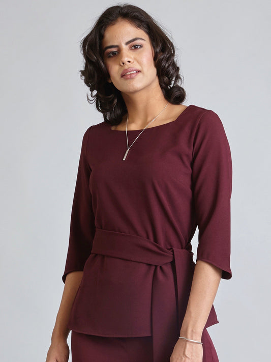 Wide Neck Quarter Sleeve Top - Maroon