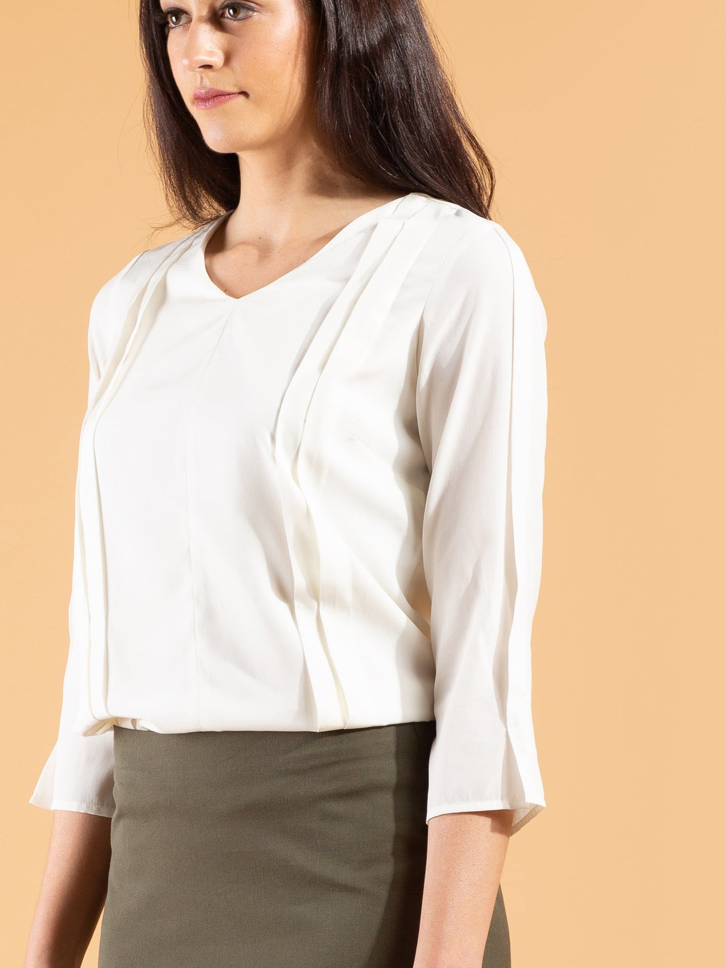 V Neck Side Pleat Top - Off White