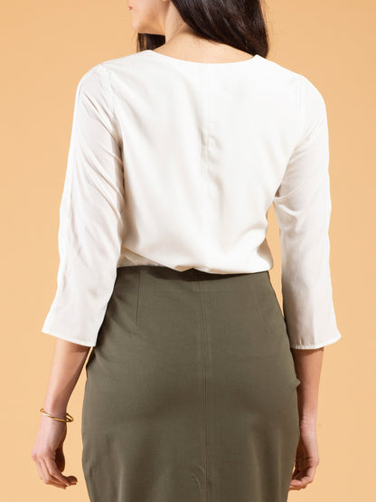 V Neck Side Pleat Top - Off White