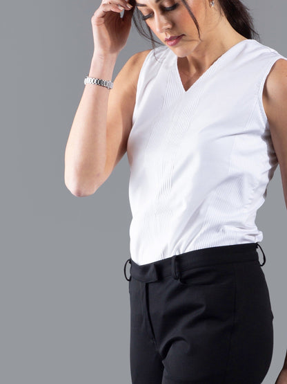 V Neck Pleated Top - White