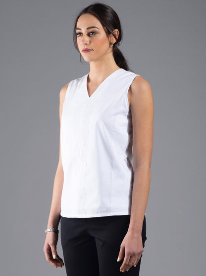 V Neck Pleated Top - White