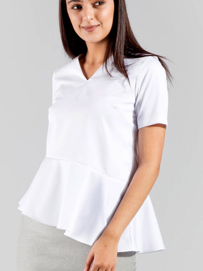 V Neck Asymmetric Hem Peplum Top - White