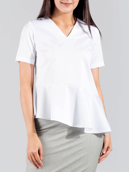 V Neck Asymmetric Hem Peplum Top - White