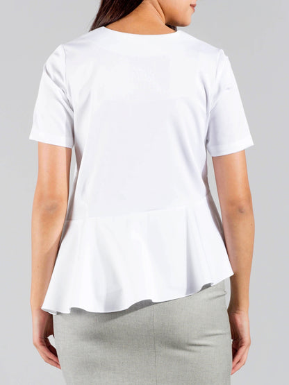 V Neck Asymmetric Hem Peplum Top - White