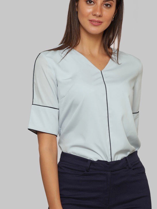 V Neck Top With Piping And Elbow Length Sleeves - Light Blue