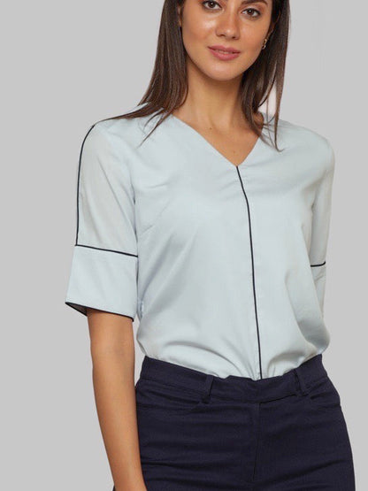 V Neck Top With Piping And Elbow Length Sleeves - Light Blue