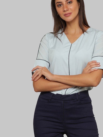 V Neck Top With Piping And Elbow Length Sleeves - Light Blue