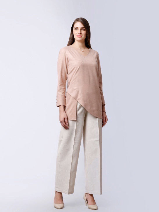 V Neck Asymmetric Hem Top - Pink