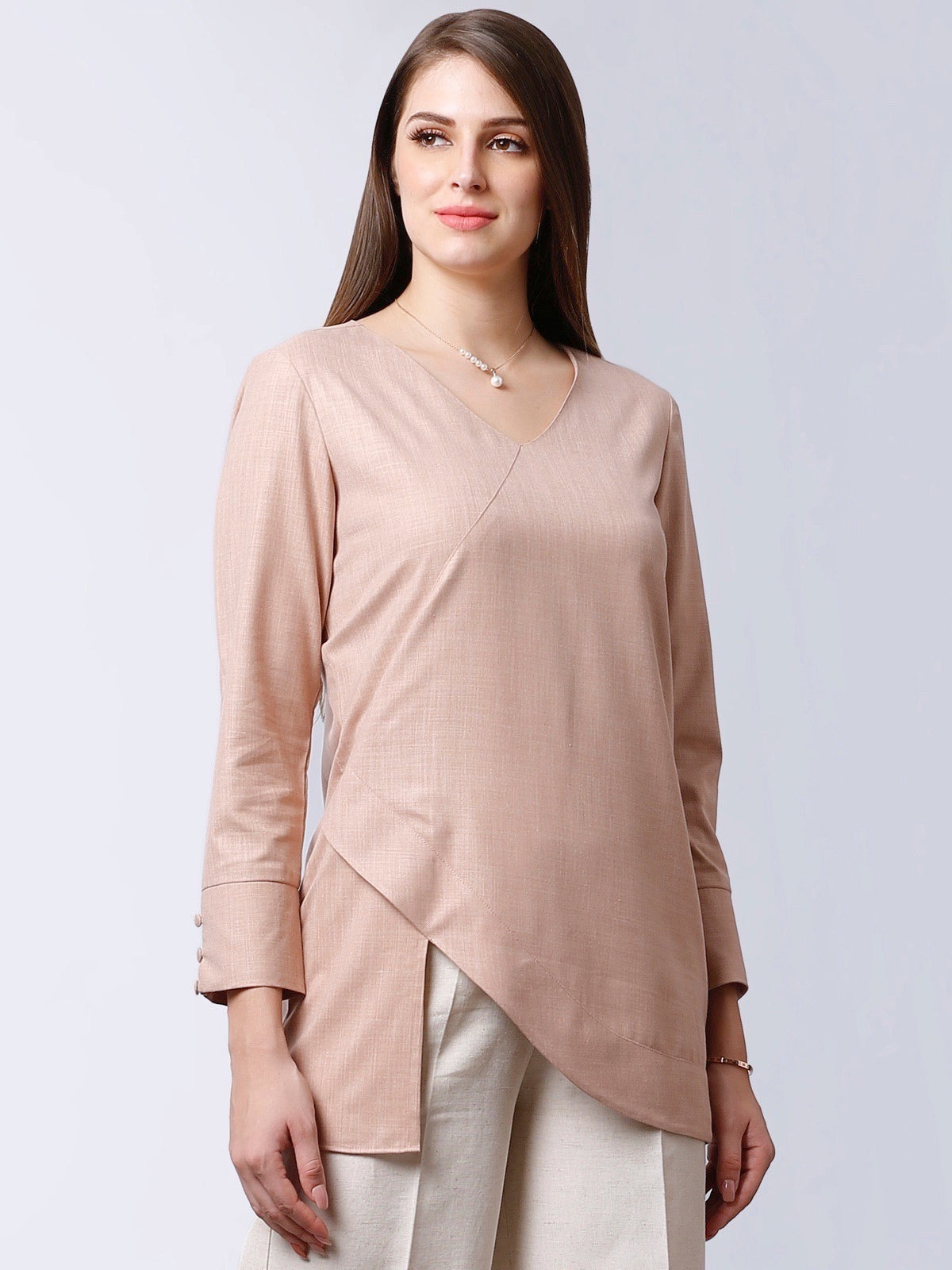 V Neck Asymmetric Hem Top - Pink