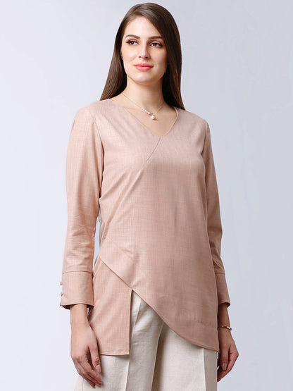 V Neck Asymmetric Hem Top - Pink
