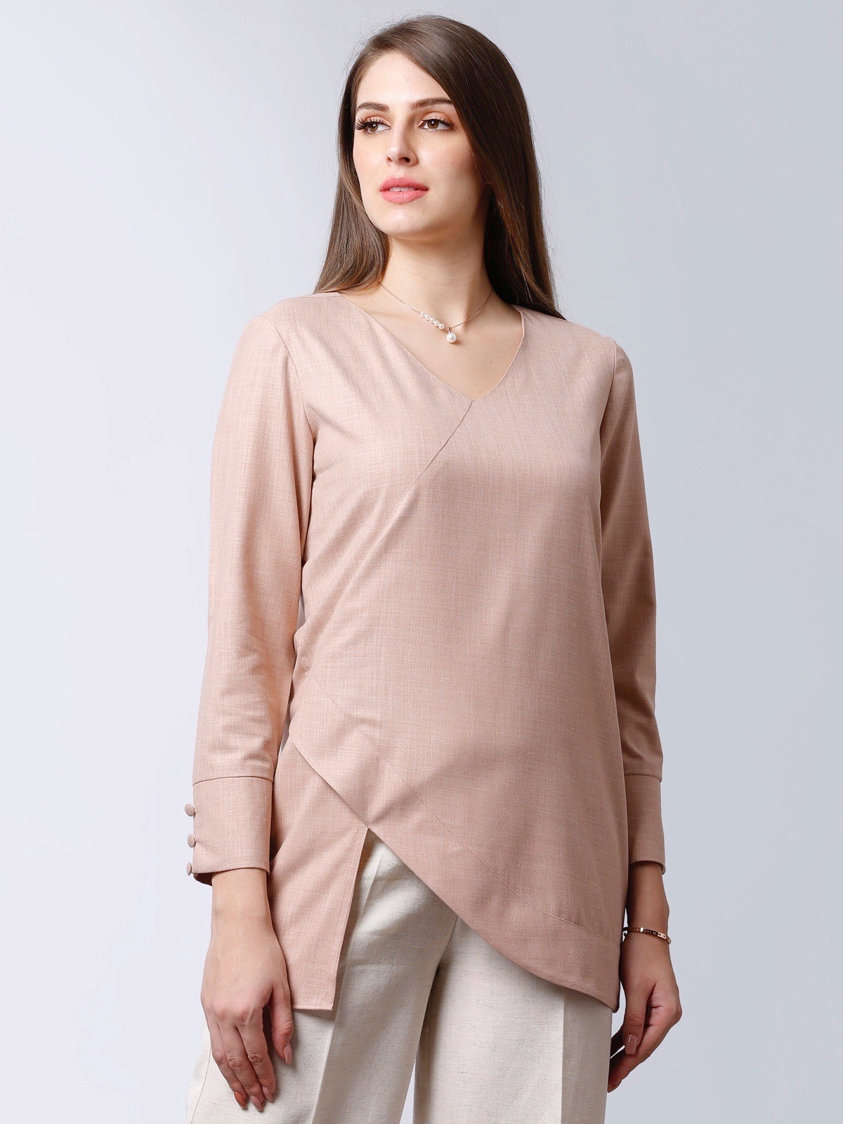 V Neck Asymmetric Hem Top - Pink