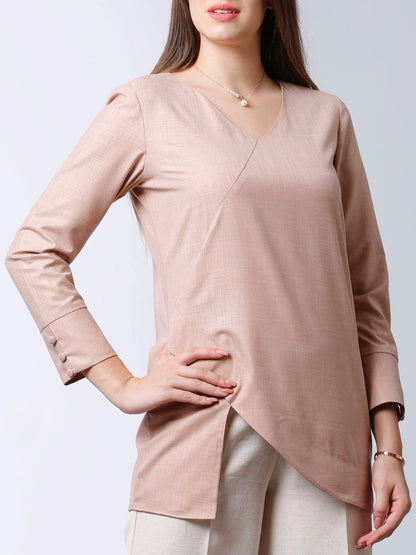 V Neck Asymmetric Hem Top - Pink