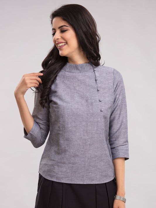 Side Button Linen Top- Black