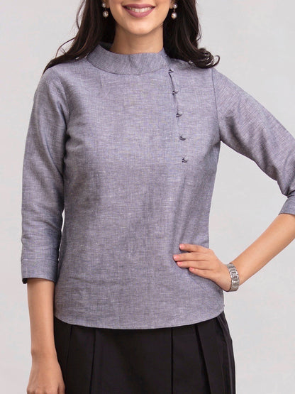 Side Button Linen Top- Black