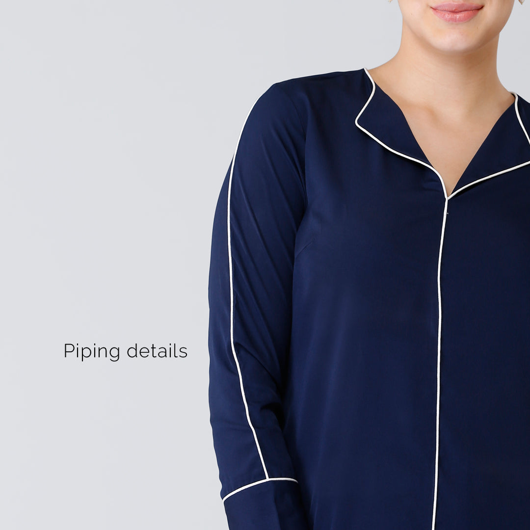 Stylised Neck Full Sleeves Piping Detail Top - Navy