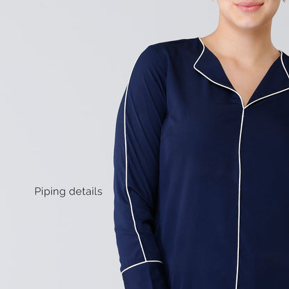 Stylised Neck Full Sleeves Piping Detail Top - Navy