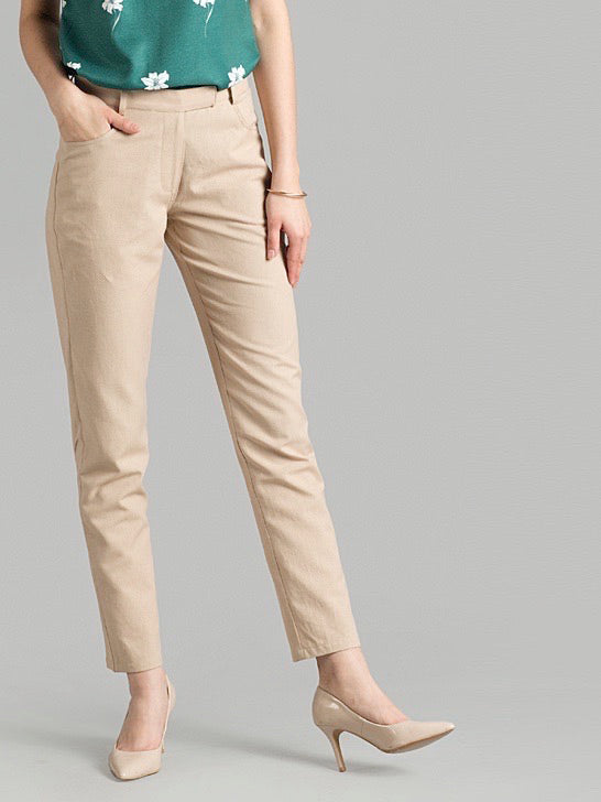 Straight Fit Linen Trousers - Beige